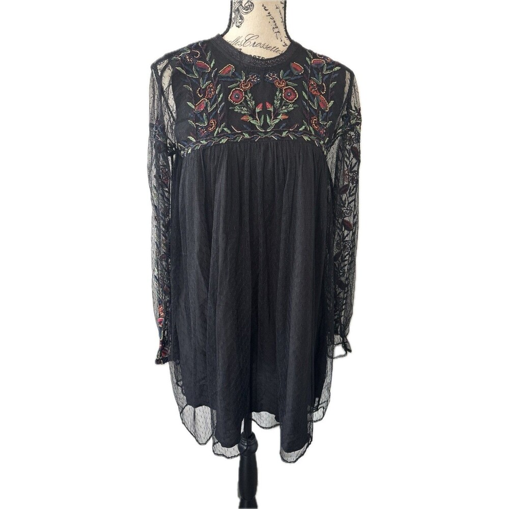 Zara Trafaluc Black Lace Mini Dress Floral Embroider Sz XS Whimsygoth Witchy
